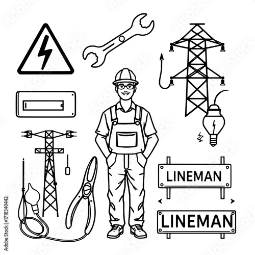 “Clean, stylized line art graphic showing elements of electrical work: utility pole, warning sign with lightning, power tower, electrician with hard hat, pliers, screwdriver and wrench, caliper, linem