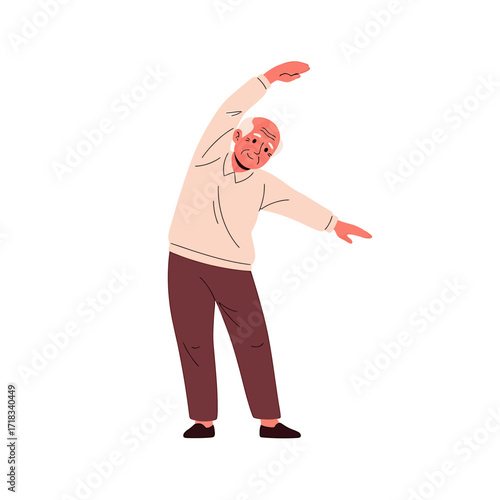 Senior Fitness: Depicts an elderly man performing a stretching exercise, symbolizing healthy aging, vitality, and maintaining an active lifestyle for a longer life. 