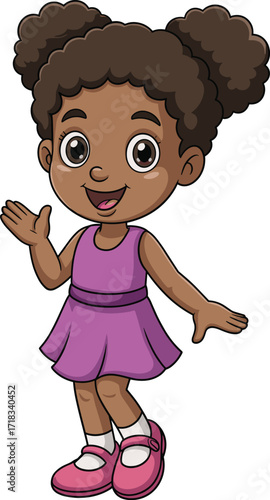 Happy little African American girl with a big smile, waving hello, wearing a purple dress, a joyful child full of excitement, isolated on white