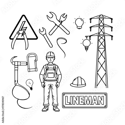 “Clean, stylized line art graphic showing elements of electrical work: utility pole, warning sign with lightning, power tower, electrician with hard hat, pliers, screwdriver and wrench, caliper, linem