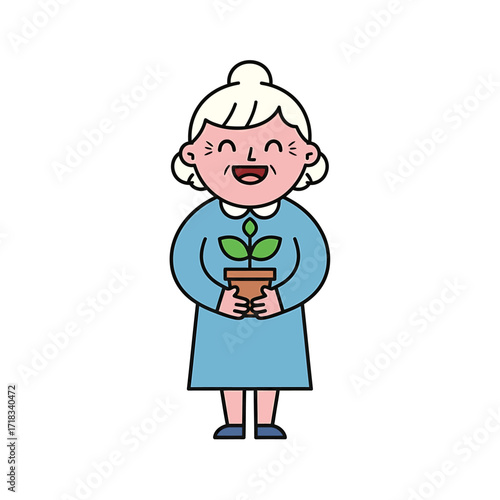 Joyful Senior with Plant: A cheerful senior holds a vibrant potted plant, symbolizing growth and nurturing, conveying the simple pleasures of life and the beauty of nature.