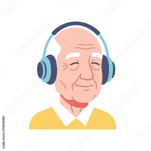 Serene Melodies: An elderly man wearing headphones, lost in the bliss of music, his eyes closed, enjoying a moment of peace and tranquility.