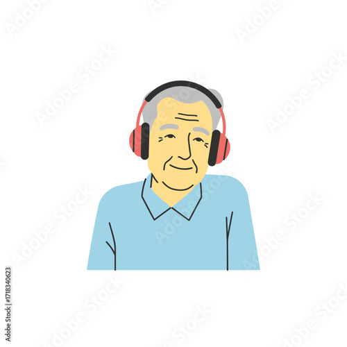 Serene Soundscapes: An elder with headphones experiences the symphony of music. Illustrated and designed for modern taste.