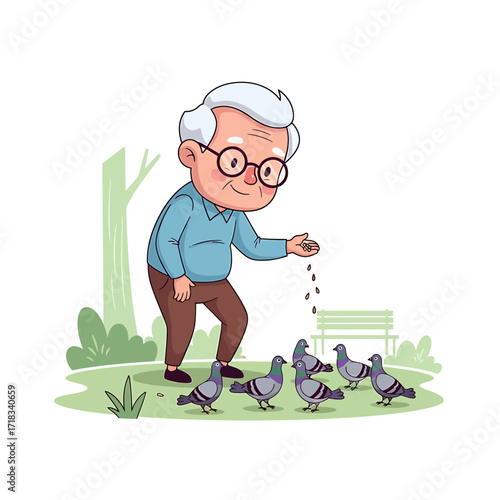 Generous Patron: A friendly elderly man with spectacles spreads seeds to a gathering of pigeons in a park.