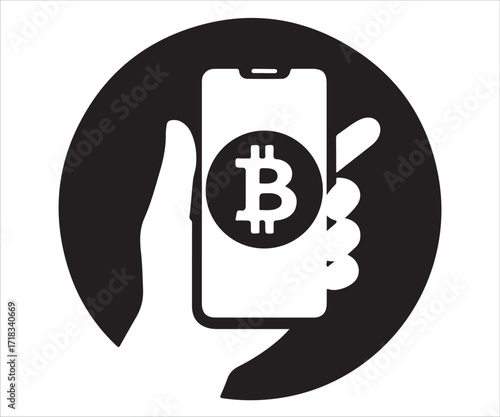 Hand holding smartphone with Bitcoin logo silhouette illustration
