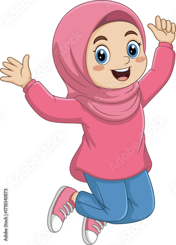 Happy Muslim girl wearing a hijab and a pink shirt, jumping with joy, expressing happiness and excitement, isolated on white