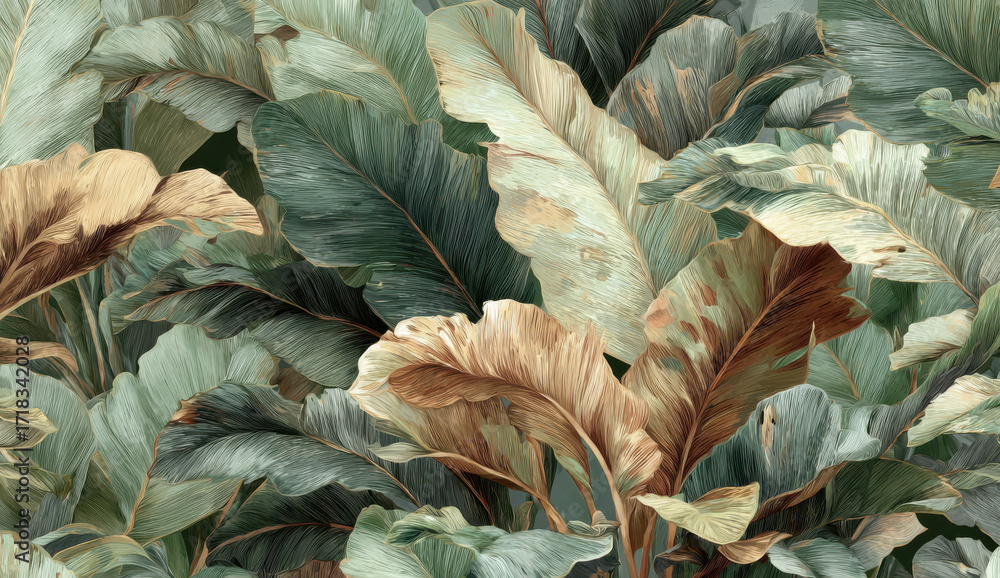 custom made wallpaper toronto digitalVintage 3D wallpaper design with tropical plants and lush foliage, oil painting texture, beige background, green leaves, botanical nature pattern