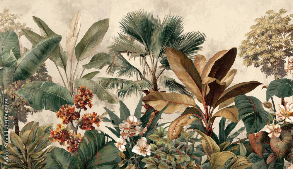 Fototapeta premium Vintage 3D wallpaper design with tropical plants and lush foliage, oil painting texture, beige background, green leaves, botanical nature pattern