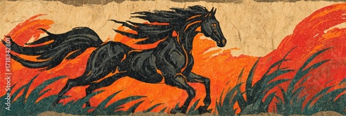 chinese ink wash painting, classic chinese ink-wash style web banner with a hand-painted illustration of a majestic horse, exuding strength and grace cream background