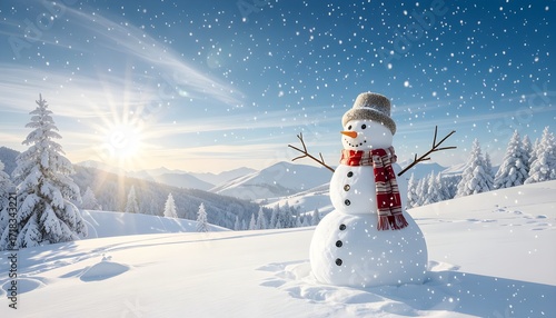 Snowman in a beautiful snowy landscape on Christmas morning	