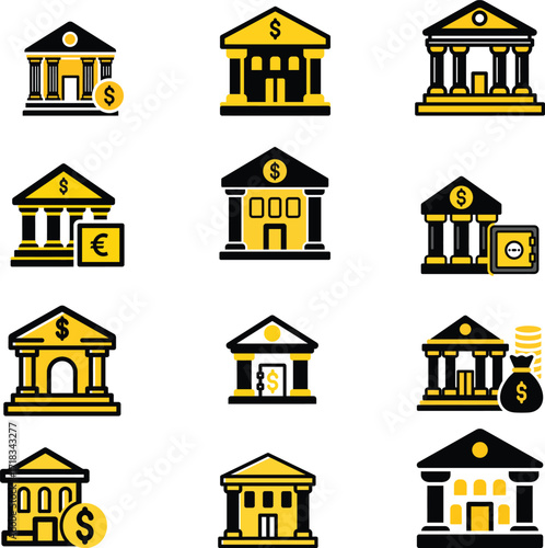 Modern banking and finance icons set with money, dollar, euro, and savings symbols in flat vector style