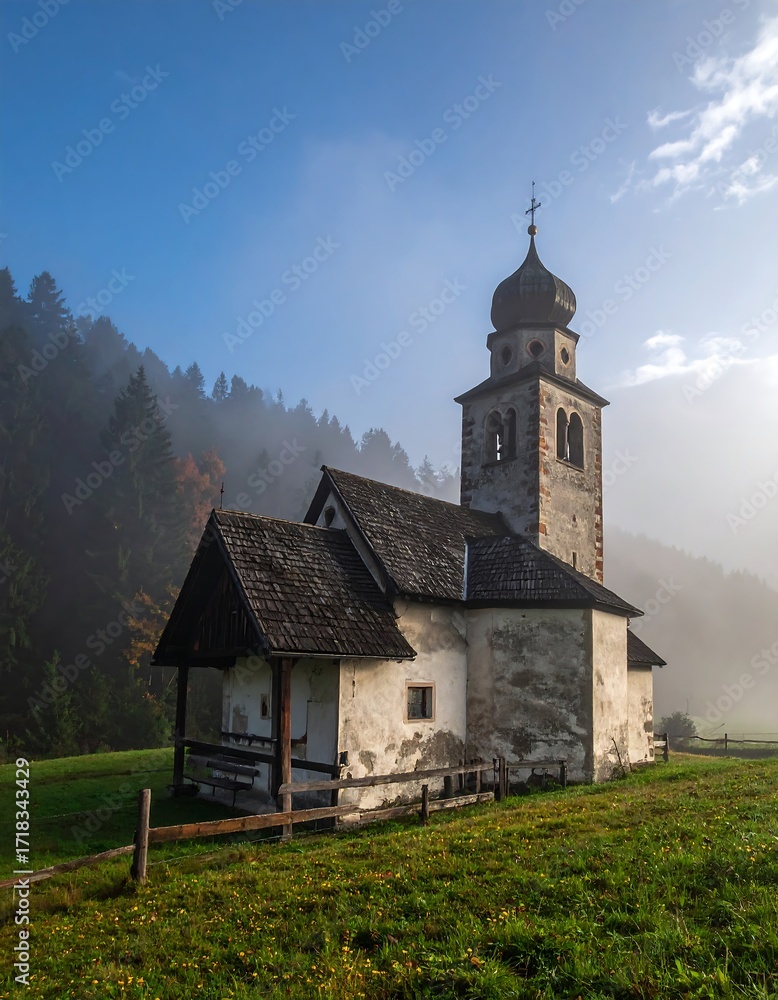 Naklejka premium Rustic church in a misty valley