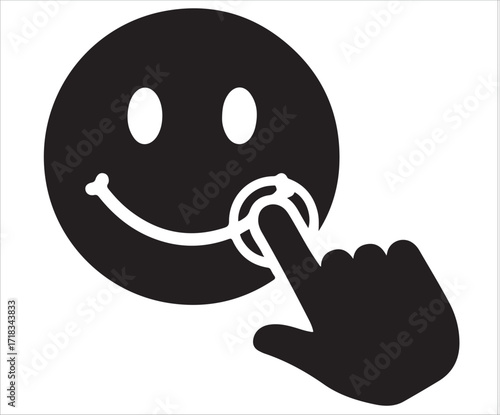 Smiley face emoji silhouette with hand pressing cheek illustration