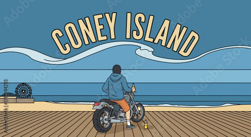 Illustration of a motorcycle rider on Coney Island boardwalk enjoying the beach view