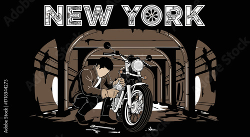 Illustration of a new york mechanic repairing a motorcycle in a vintage garage setting