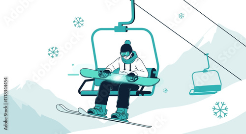 Illustration of a snowboarder riding a ski lift in a winter mountain landscape setting