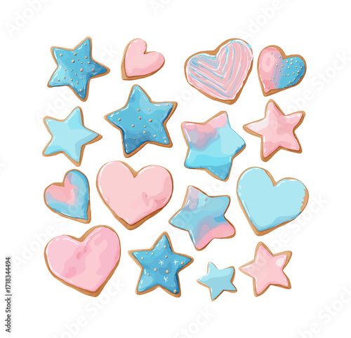 Hand-drawn watercolor illustration of cookies shaped like hearts and stars, pastel pink and blue icing, soft romantic style, isolated on white background1-01.eps