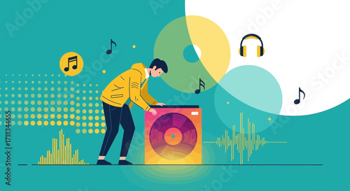 Illustration showcasing a modern djing scene with a dj vinyl records and musical notes
