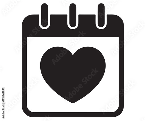 Silhouette of calendar icon with heart symbol representing love, romance, wedding date, anniversary, and special event reminder isolated on white background