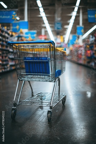 Shopping At Walmart. Blue Shopping Cart in Empty Retail Store
