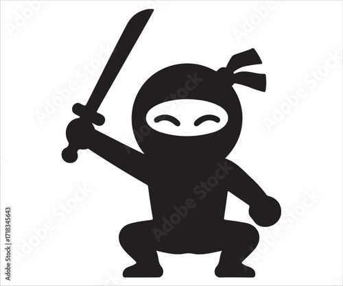 Silhouette of cartoon ninja character holding sword with playful stance representing martial arts, warrior, stealth, and combat isolated on white background