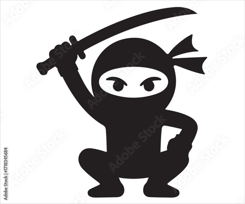 Cartoon ninja silhouette with sword in playful combat stance