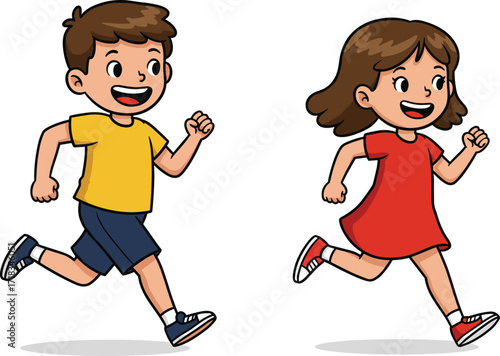 Cartoon boy and girl running happily together, children outdoor activity, healthy lifestyle, active kids exercise, fun fitness illustration for design
