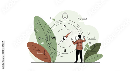 Illustrative depiction of a man finding direction with a compass amidst foliage and guiding symbols