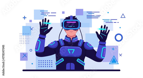 Immersive virtual reality experience depicted through futuristic digital interface illustration