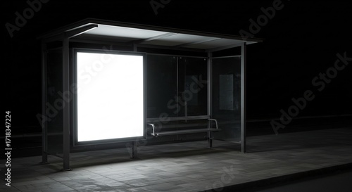 Brightly lit blank advertising screen at an empty urban bus stop shelter on a dark night street sidewalk scene