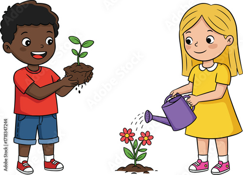 Cartoon boy planting young tree, girl watering flowers, children gardening together, eco friendly activity, nature care, environmental education, outdoor fun