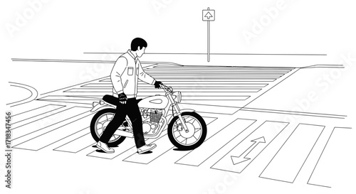 Line art illustration of a motorcyclist walking his bike across a pedestrian crosswalk