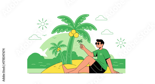 Man relaxes on a tropical beach under palm trees in a serene summer getaway scene