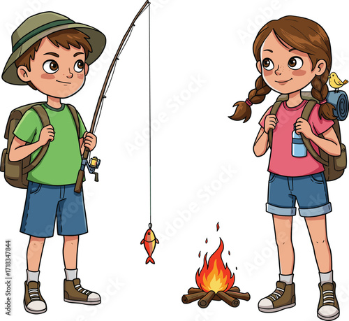Cartoon children camping, outdoor adventure kids, fishing activity, campfire moment, nature exploration, backpack gear, cheerful illustration, fun learning experience