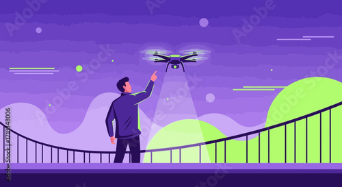 Modern illustration depicting a man pointing at a drone against a stylized cityscape