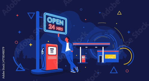Modern illustration of a 24 hour gas station at night, with a man near the neon sign