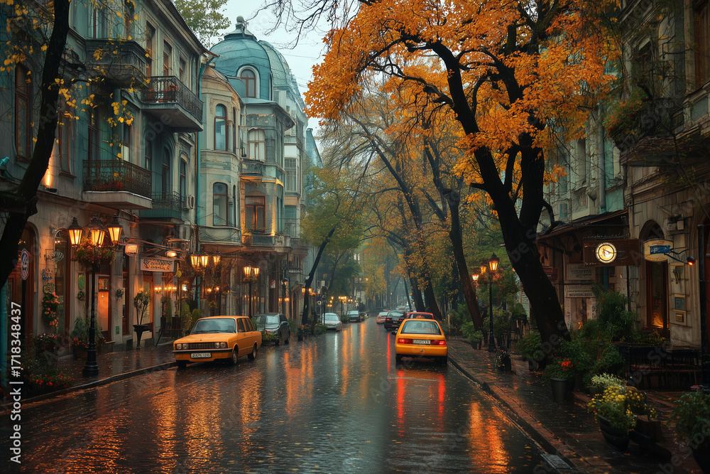 Fototapeta premium Quiet, rainy autumn day on city street with wet, glistening asphalt reflecting the warm glow of streetlights.
