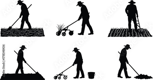 Farming silhouette illustration, manual agriculture tools, hoe and rake usage, gardening activity vector, rural labor concept, black isolated graphic design