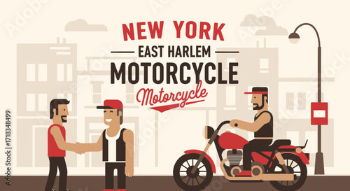 New York East Harlem Motorcycle Community Illustration with Flat Design Aesthetic