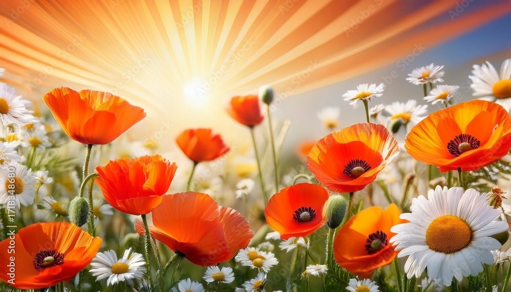 Obraz premium Bright Orange Poppies With Daisies And A Sunburst Background Create A Vibrant Floral Display