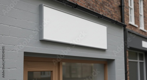 Clean exterior blank storefront sign on a gray brick building wall, perfect for adding your custom business logo.