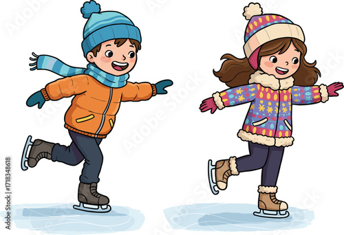 Cartoon children ice skating on frozen rink, boy and girl wearing winter clothes, fun outdoor snow activity, kids enjoying holiday season