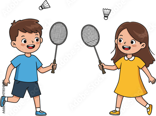Cartoon children playing badminton, boy and girl holding rackets, fun outdoor summer sport activity, happy kids enjoying shuttlecock game together outside