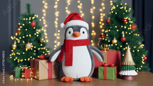 Penguin Plush Toy with Santa Hat Surrounded by Gifts and Trees for Holiday Decor