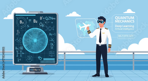 Pilot using augmented reality to analyze quantum mechanics for advanced flight technology
