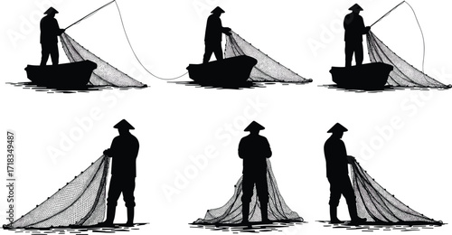 Silhouettes of fishermen, casting nets, using rods, on boats and shore, wearing conical hats, for traditional fishing, culture, and livelihood concepts