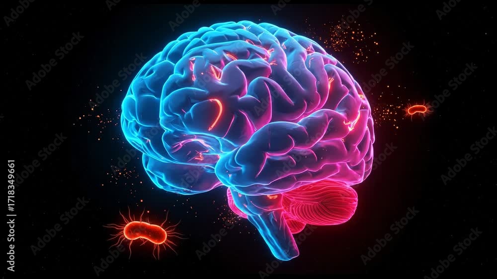 Anatomical brain model with blue and red glow and floating brain eating ...