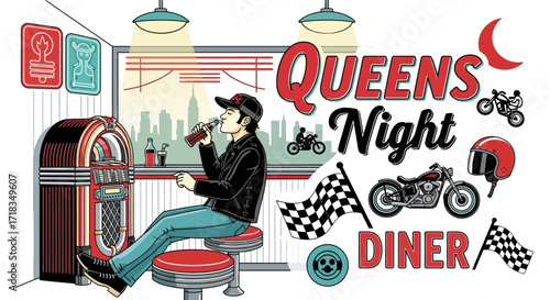 Retro Diner Scene with Jukebox, Motorcycle Theme, and a Man Enjoying a Drink, all are in vintage