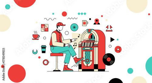 Retro vibes: Illustration of a man selecting music on a classic jukebox in a stylized composition