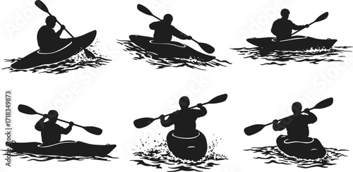 Silhouettes of kayakers, paddling in various positions, with splashes and waves, for kayaking sport, water adventure, outdoor recreation, and travel concepts